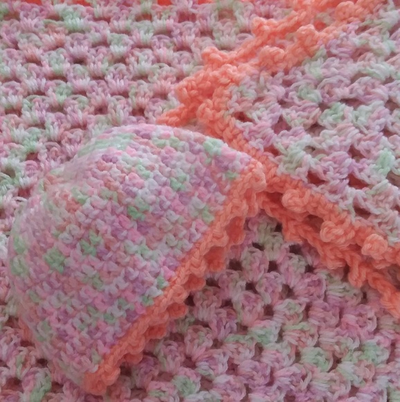 Beautiful! Hand Crocheted Baby Blanket w/Hat